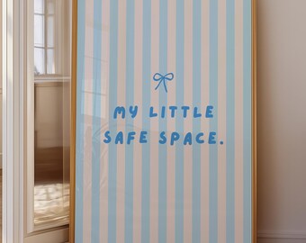 Blue Striped Coquette Wall Art Printable, “My Little Safe Space” Quote Poster, Soft Room Decor, Minimal Bow Print (Digital Download)