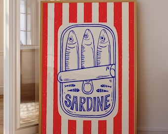 Vintage Sardine Tin Wall Art Printable, Retro Coastal Kitchen Poster, Mediterranean Food Illustration (Digital Download)
