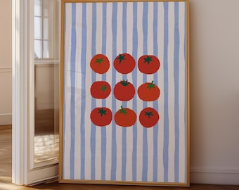 Tomato Kitchen Wall Art Print, Blue Stripe Mediterranean Poster, Italian Food Illustration, Retro Kitchen Decor, Digital Download