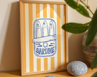 Sardine Tin Wall Art Print, Mediterranean Coastal Kitchen Decor, Blue & Yellow Minimalist Food Illustration, Digital Download