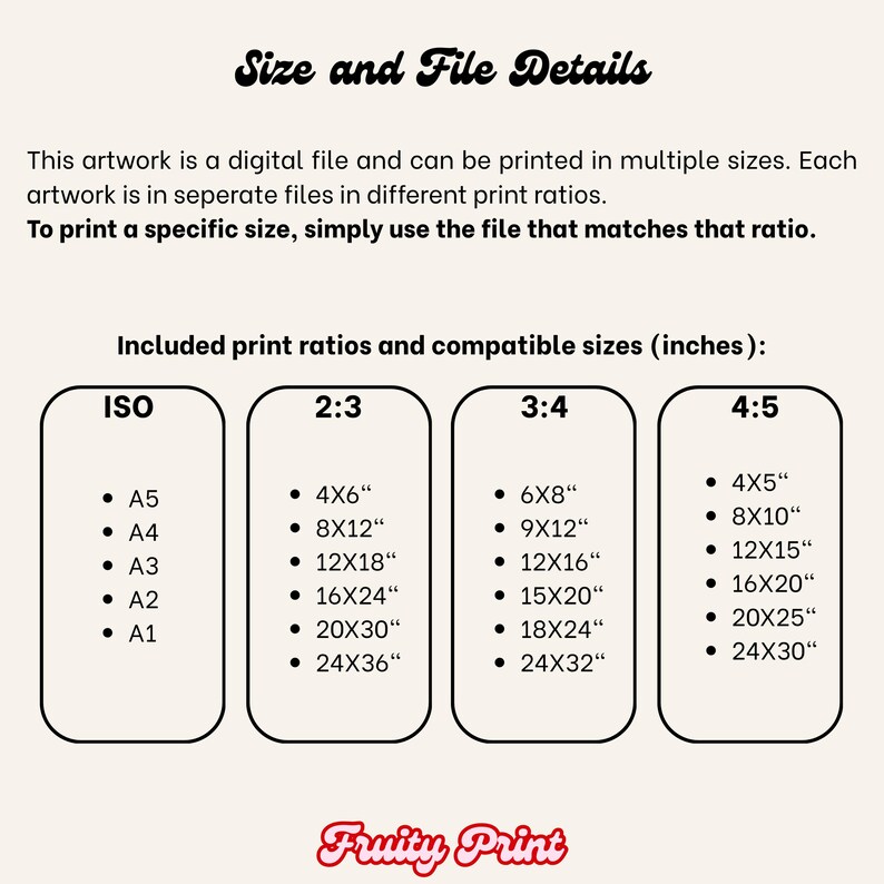 May include: A digital file print details graphic with the text "Size and File Details" and "Fruity Print". Includes print ratios and compatible sizes in inches: ISO, 2:3, 3:4, and 4:5, with corresponding dimensions like 4x6", 8x12", and 12x18".
