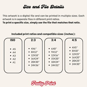 May include: A digital file print details graphic with the text "Size and File Details" and "Fruity Print". Includes print ratios and compatible sizes in inches: ISO, 2:3, 3:4, and 4:5, with corresponding dimensions like 4x6", 8x12", and 12x18".