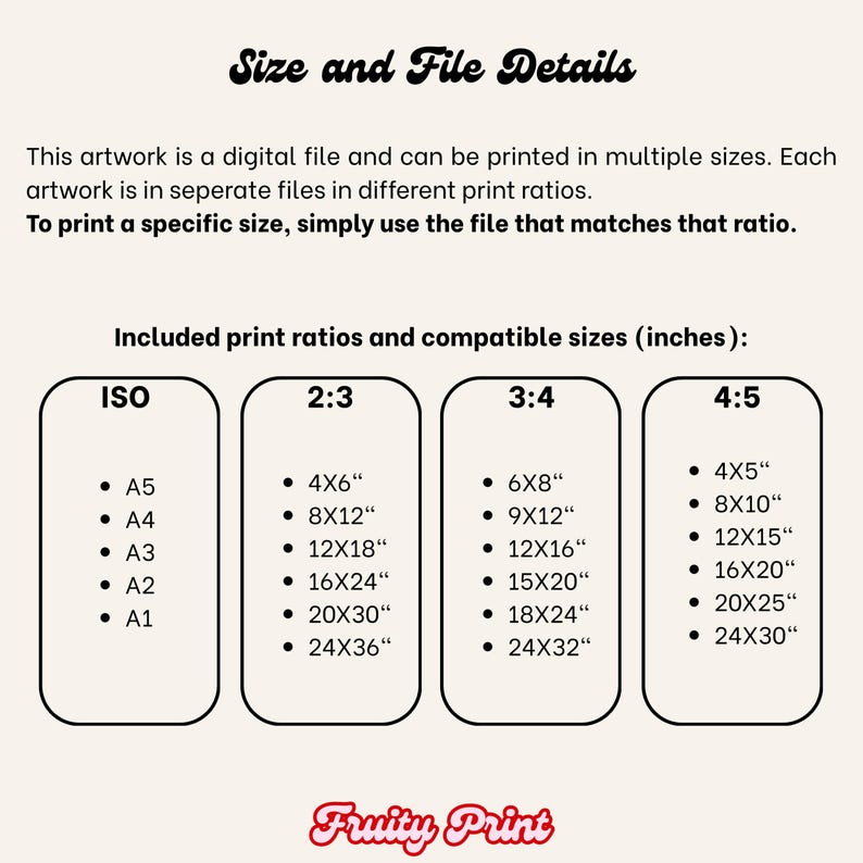 May include: A digital file print details graphic with the text "Size and File Details" and "Fruity Print". Includes print ratios and compatible sizes in inches: ISO, 2:3, 3:4, and 4:5, with corresponding dimensions like 4x6", 8x12", and 12x18".