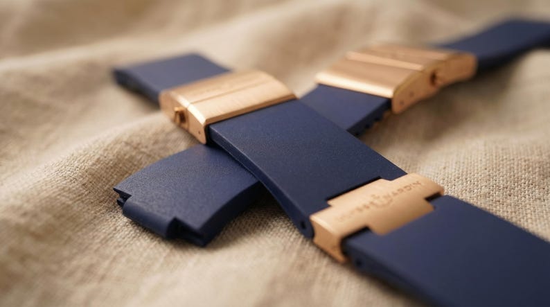 May include: Close-up of a navy blue watch strap with rose gold clasps. The strap is made of a flexible material and features a rectangular design. The clasps have a polished finish and are engraved with a brand name. The watch strap is displayed on a textured, beige surface.