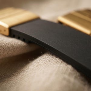 May include: Close-up of a black watch strap with gold-colored metal clasps. The strap is made of a flexible material, and the clasps have a rectangular design with horizontal lines. The background is a textured, neutral-colored fabric.