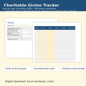 Può includere: Una cartella di lavoro Excel digitale intitolata "Charitable Giving Tracker". Il documento include tabelle per il monitoraggio delle donazioni, con campi per ID donazione, data, anno fiscale, nome dell'ente di beneficenza e indirizzo. Il testo indica che tiene traccia di tutti i tipi di donazioni.