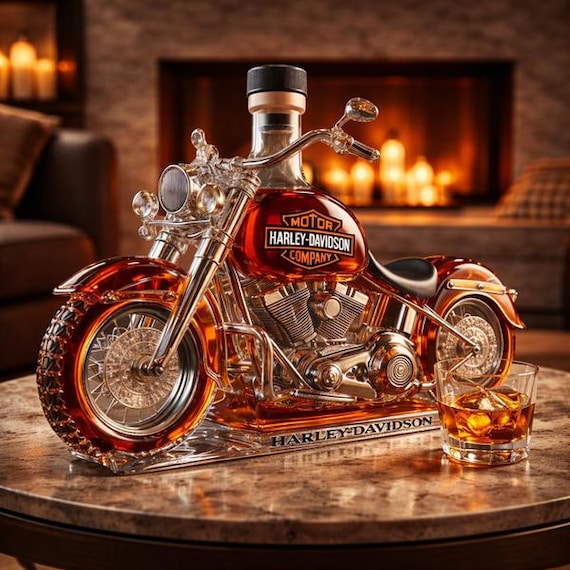 Harley Motorcycle Whiskey Decanter Set | Biker Gift for Men | Unique Bar Decor Liquor Bottle