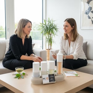 Könnte beinhalten: Zwei Frauen sitzen auf einem Sofa und unterhalten sich. Auf einem Couchtisch befindet sich ein Tablett mit vier zylindrischen Produkten, einer Visitenkarte und einer Broschüre. Eine Tasse Tee und ein Zweig Grünzeug stehen ebenfalls auf dem Tisch. Die Produkte scheinen Hautpflege- oder Aromatherapieartikel zu sein.