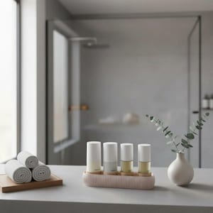 May include: A bathroom scene featuring four white cylindrical bottles in a pink holder, alongside rolled white towels on a wooden tray and a small white vase with greenery. The setting is a minimalist, spa-like environment.