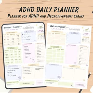Peut inclure: Un modèle de planificateur quotidien TDAH pour étudiants avec des sections pour les emplois du temps, les priorités, les devoirs et les tâches. La mise en page inclut des cases pastel, des listes à cocher et des icônes de cerveau, avec le texte ADHD DAILY PLANNER et PLANNER FOR ADHD AND NEURODIVERGENT BRAINS en haut.