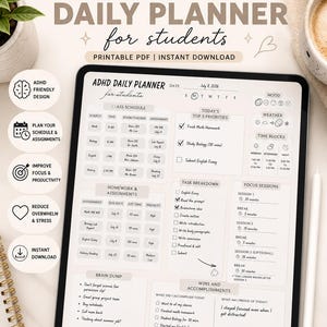 Planificador diario imprimible para estudiantes con TDAH / Funciones ejecutivas, organización del estudio (descarga digital)