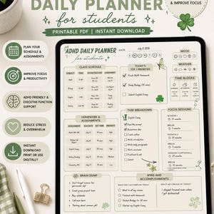 ADHD Daily Planner Printable PDF | Student, College, Executive Function (Digital Download)