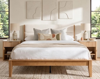 Queensize-Bettrahmen mit gepolstertem Kopfteil, japanische Tischlerei FSC-zertifizierter massiver Bambus, geräuschfrei, einfache Montage, kein Boxspring erforderlich