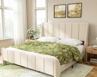 Bouclé Upholstered Bed Frame Queen, Wingback Bed with Enclosed Design, Wood Slats, Noise-Free, No Box Spring Needed, Easy Assembly