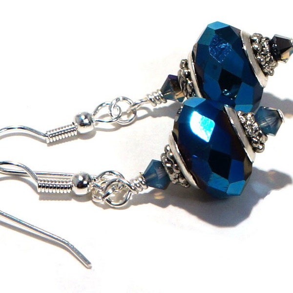 Metallic Blue Earrings with Euro Beads