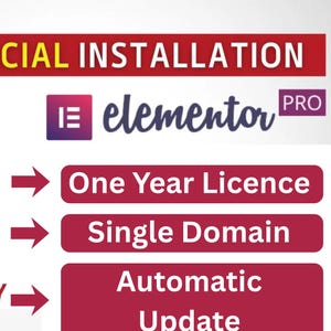 Op de afbeelding: Promotionele afbeelding voor Elementor Pro, met het logo en de belangrijkste kenmerken. De afbeelding bevat tekst met "100% Officiële Installatie", "Eén jaar licentie", "Enkele domein" en "Automatische Update". Een rode afbeelding geeft een levering van 30 minuten aan.