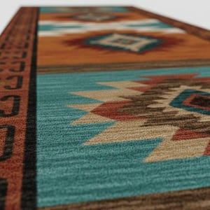 Tribal Jute Kilim Runner, Turquoise Terracotta Geometric Southwest Rug