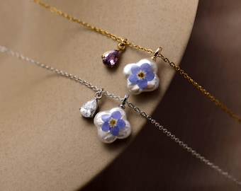 Forget Me Not Flower Birthstone Pearl Memorial Necklace, Clover Baroque Pearl Jewelry, Meaningful Sympathy Jewelry, Loss of Loved One Gift
