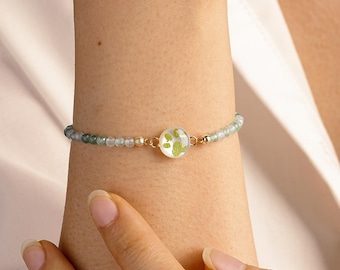 Custom Birth Flower Pet Paw Bracelet with Mother of Pearl, Custom Birthstone Pet Memorial Bracelet, Dog Loss Gift, Cat Sympathy Gift