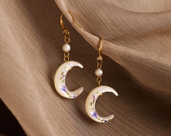 Mother of Pearl Crescent Moon Earrings with Purple Flower, Dangle Earrings with Zircon, Unique Pearl Jewelry, Gift for Mom, Gift for Sister