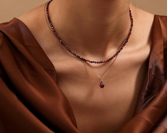 Red Garnet Layered Necklace Set, Czech Glass Teardrop Pendant Necklace, Red Gemstone Jewelry, Dainty Layered Necklace for Women