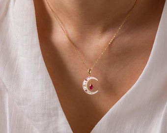 Anpassat Halsband med Månskärna och Födelsesten, Äkta Blommor med Pärlemor, Månhelande Smycken, Himmelsk Gåva för Kvinnor, Självkärleksgåva för Henne