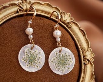 Queen Anne's Lace Flower Pearl Earrings, Freshwater Pearl Dangle Earrings, Mother of Pearl Beach Style Jewelry, Beach Party Jewelry Gift