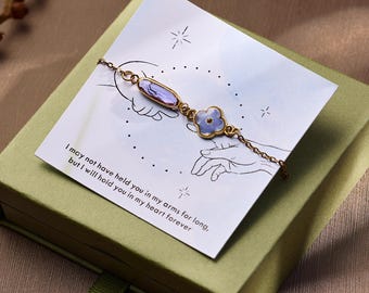 Armband med blomma och kort för missfall, smycken för minnesmärken om förlust av barn, personlig present till sörjande mamma med födelsesten