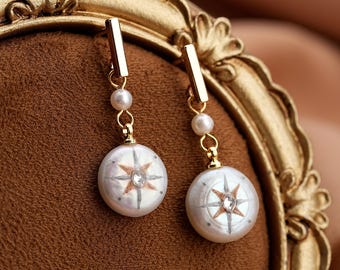 Hand Painted North Star Pearl Earrings, Baroque Pearl Dangle Earrings, Celestial Jewelry, Graduation Gift, Meaningful Gift for Her