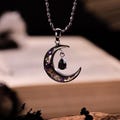 Black Mother of Pearl Crescent Moon Necklace, Purple Flower Witchy Moon Jewelry with Black Stone, Gothic Celestial Necklace for Women