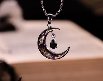 Black Mother of Pearl Crescent Moon Necklace, Purple Flower Witchy Moon Jewelry with Black Stone, Gothic Celestial Necklace for Women