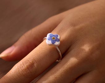 Forget Me Not Flower Clover Baroque Pearl Open Ring, Memorial Jewelry, Pressed Flower Jewelry, Meaningful Gift, Mother’s Day Gift for Mom