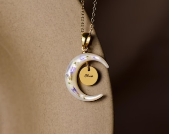 Custom Name Crescent Moon Necklace, Mother of Pearl Pressed Flower Moon Jewelry, Celestial Healing Gift for Women, Birthday Gift for Her