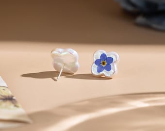 Forget Me Not Flower Clover Baroque Pearl Earrings, 925 Sterling Silver Pearl Stud Earrings, Memorial Gift, Mother’s Day Gift for Mom