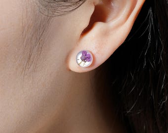 Custom Birth Flower Stud Earrings, 925 Sterling Silver Mother of Pearl Pressed Flower Earrings, Birthday Gift, Mother’s Day Gift for Mom