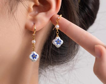 Forget Me Not Flower Clover Baroque Pearl Earrings, Unique Pearl Earrings with Zircon, Wedding Jewelry, Anniversary Gift, Mother’s Day Gift