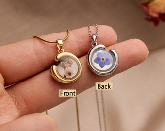 Pet Memorial Necklace with Custom Photo & Forget Me Not Flower, Mother of Pearl Double Sided Pendant, Pet Loss Gift for Pet Mom