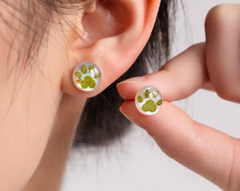 Custom Birth Flower Paw Earrings, 925 Sterling Silver Mother of Pearl Stud Earrings, Real Pressed Flower Jewelry, Gift for Pet Lovers