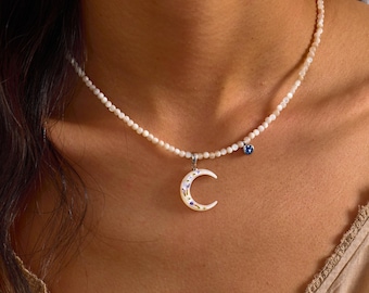 Custom Birthstone Crescent Moon Pearl Bead Chain Necklace, Mother of Pearl Lunar Healing Jewelry, Celestial Gift for Women