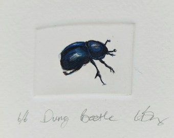 Hand printed little dung beetle tinted with watercolour