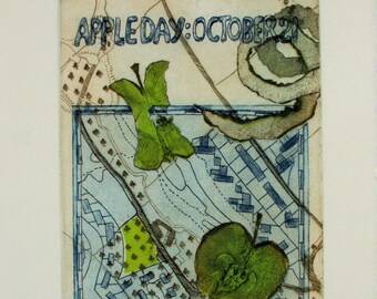 Copper etching. Apple Orchard map. Hand printed edition