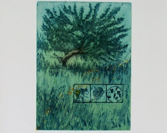 Fine Art Etching with bee pollen. Old apple tree, bees. Hand pulled print. Vanishing Bees. Limited edition.