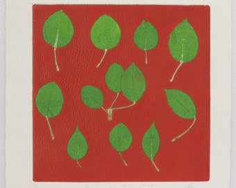 Fine art Monotype of small pear leaves. Endangered species.