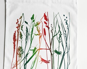 Hand printed tote. White cotton bag. Original screenprint crickets in the long grass