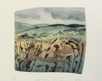 Full colour drypoint and photo etching of Dartmoor landscape near Okehampton, Devon. Limited edition.