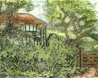 Devon village hedgerow. Collagraph Homestead. Unique print