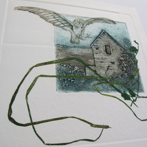 Barn Owl with Devon Barn. Collagraph, drypoint and monoprint image 5