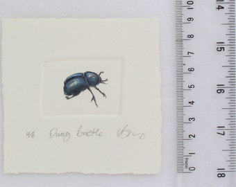 Hand printed little dung beetle tinted with watercolour