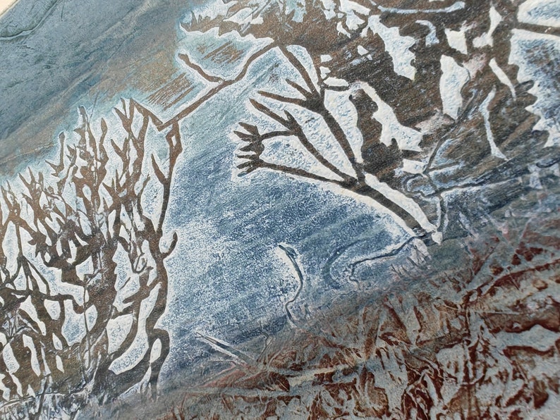 Winter Hedgerow collagraph print on cream cotton paper image 5