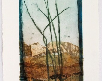 Drypoint on aluminium. OOAK. Block printed chine colle tissue. Reeds.